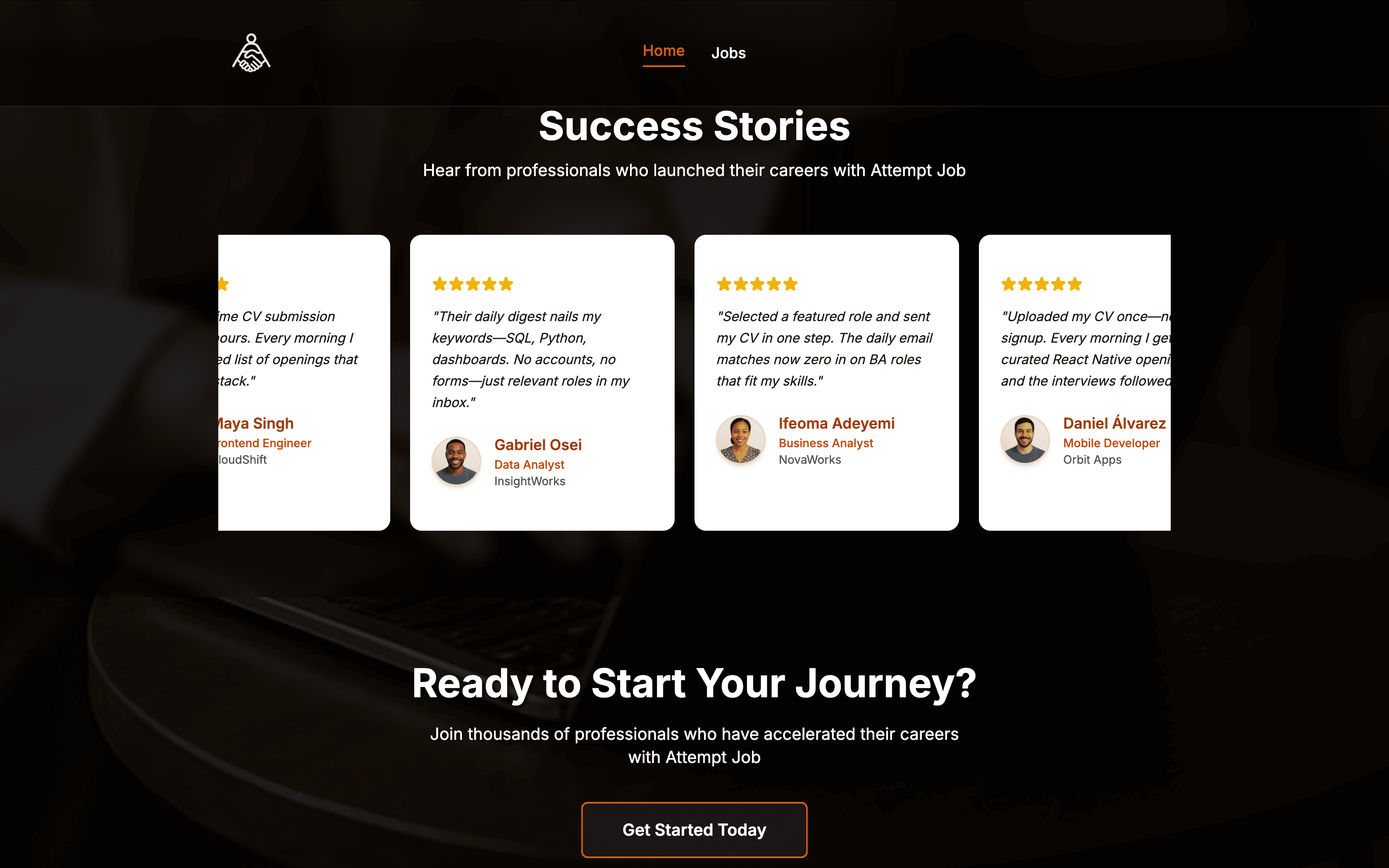 Attempt Job platform showing remote roles and apply flow
